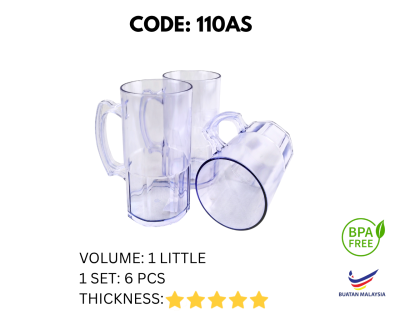 6PCS 1 LITER TRANSPARENT BIG PLASTIC CUP WITH HANDLE (110AS)